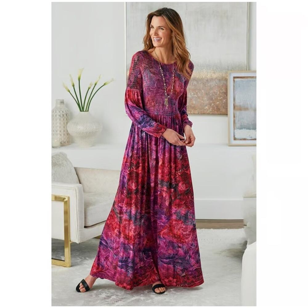 Soft Surroundings Dress Womens S Beunissima Red Floral Smocked Bodice Maxi
